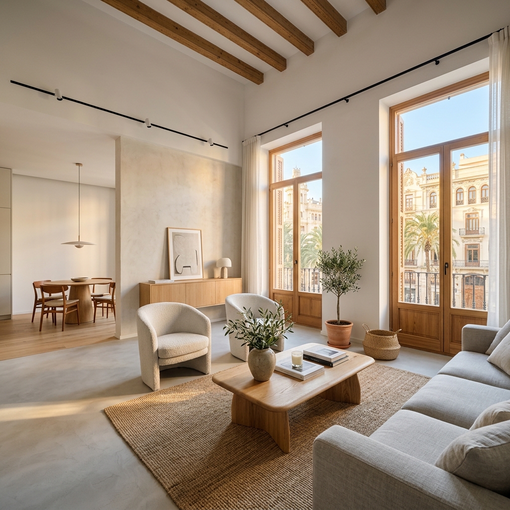 Reforma integral de un salón de estilo nórdico en Valencia, destacando la recuperación de espacios, luz natural y cocina integrada.