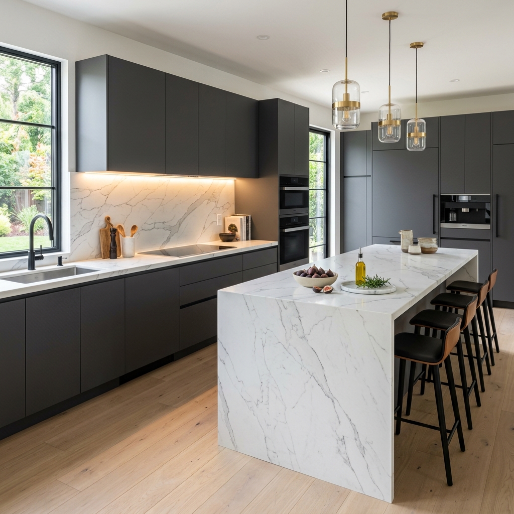 Reforma integral de cocina luxury en el centro de Valencia con muebles de color oscuro, perfilería oculta y encimera de silestone blanca.